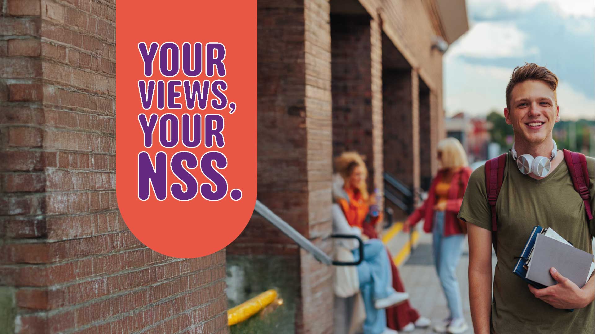 Your views, your NSS on background of student holding books with NSS logo