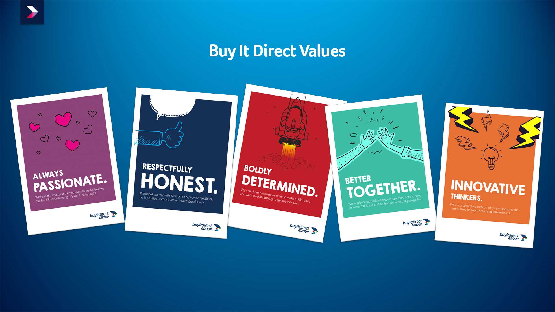 A visual of the principle values that underpin Buy It Direct: Boldly Determined, Better Together, Respectfully Honest, Innovative Thinkers, Always Passionate
