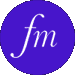 A blue circle with the letters f and m