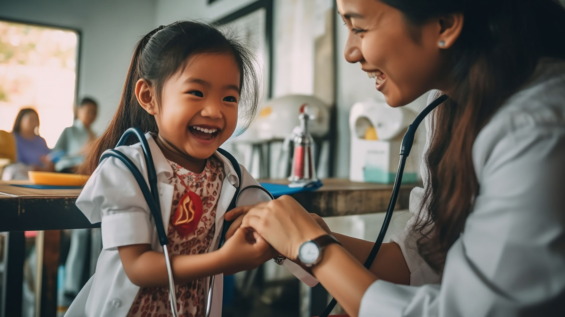 Small child laughing with doctor