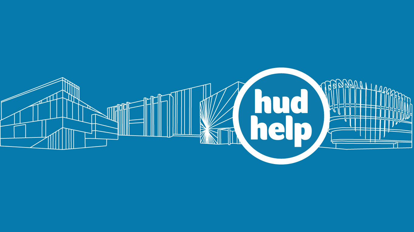 HudHelp logo with background graphic of University buildings