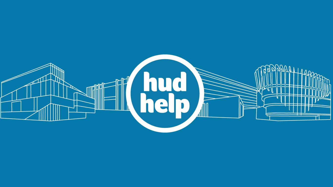 HudHelp logo with background graphic of University buildings