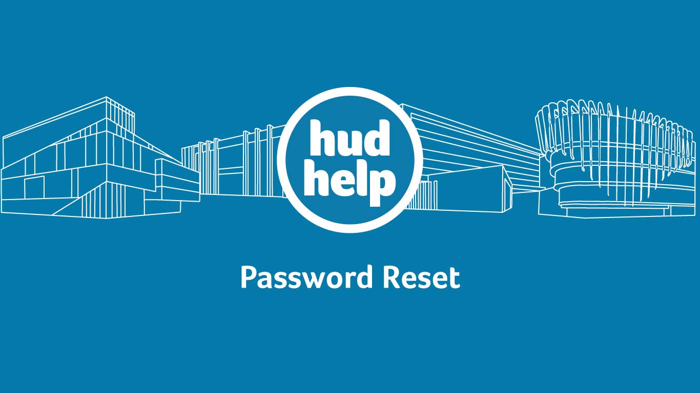 HudHelp logo with Password Reset on a background graphic of University buildings