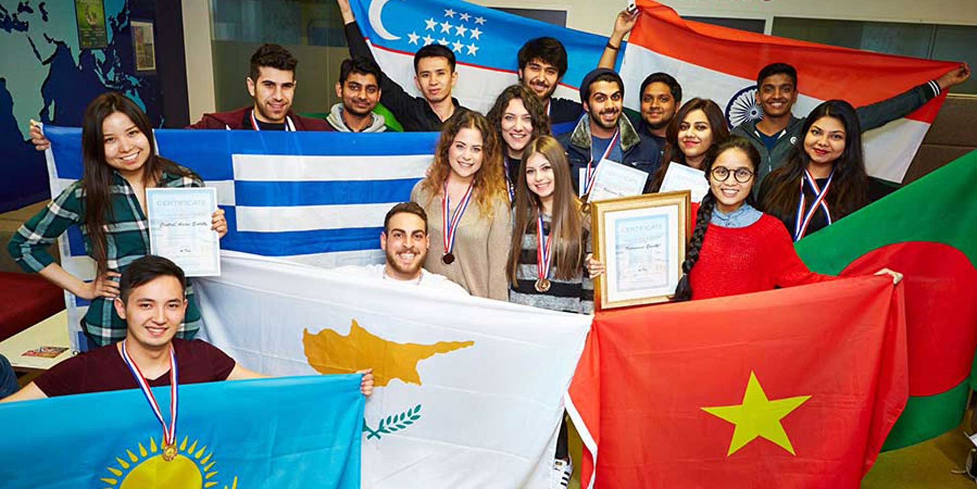 International students with their flags