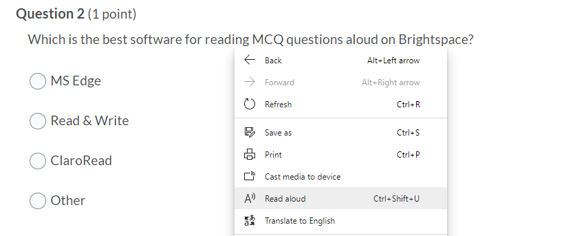 Screenshot of Brightspace showing the read aloud option when you right click