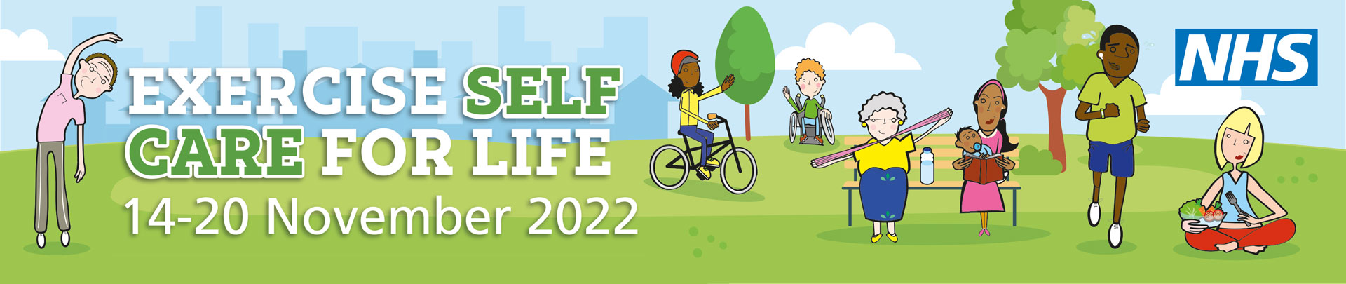 Illustration of people in a park for Self Care Week 2022