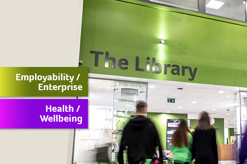 A picture of the library foyer with tags for employability, enterprise and wellbeing