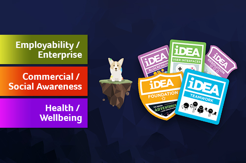 IDEA badges and logo with employability, wellbeing and enterprise tags
